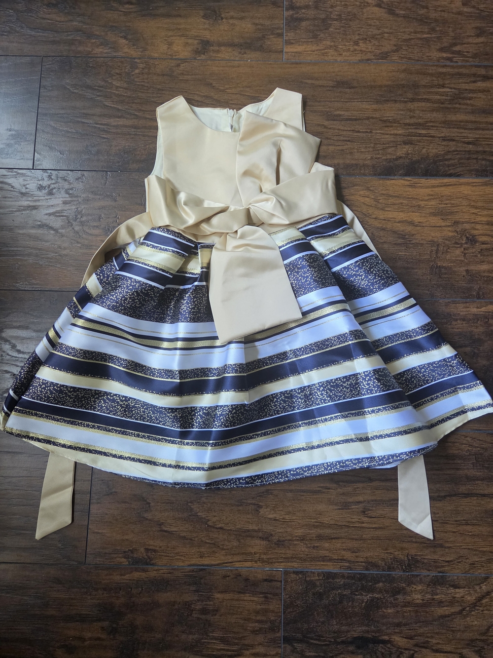 Girls' Satin Bow-Back Striped Party Dress - Gold and Navy